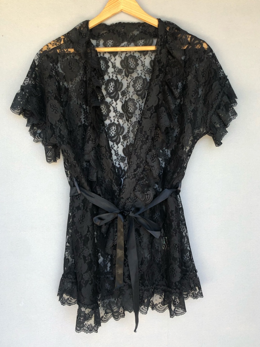 Vintage Black Lace Peignoir Jacket Medium Sheer Floral Lace Boudoir Cover Up